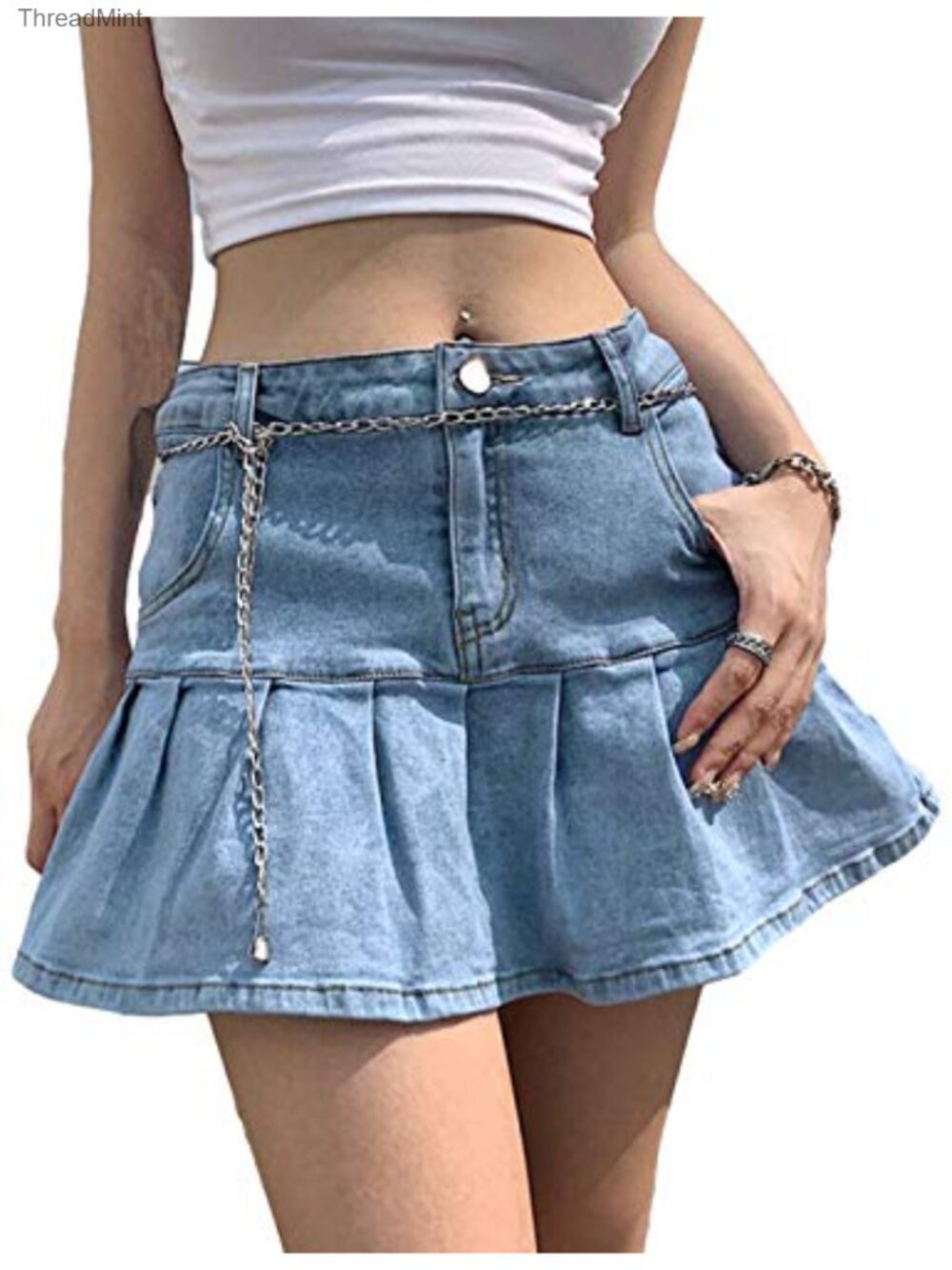 Y2K Low Rise Denim Skort with Built-in Shorts Ruffle Pleated Mini A-Line Skirt